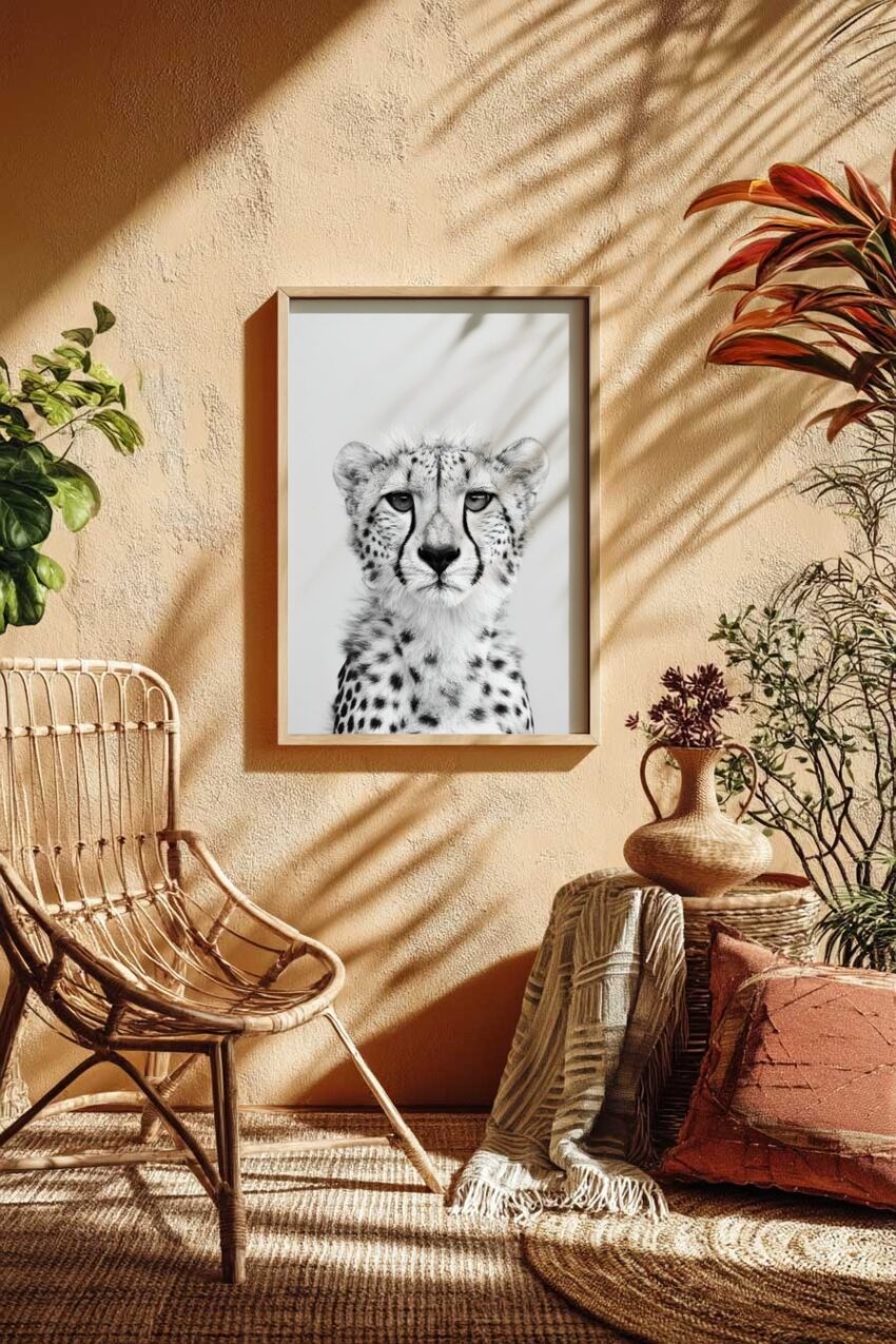 Fotografie Poster Gepard Porträt frontal schwarz-weiß