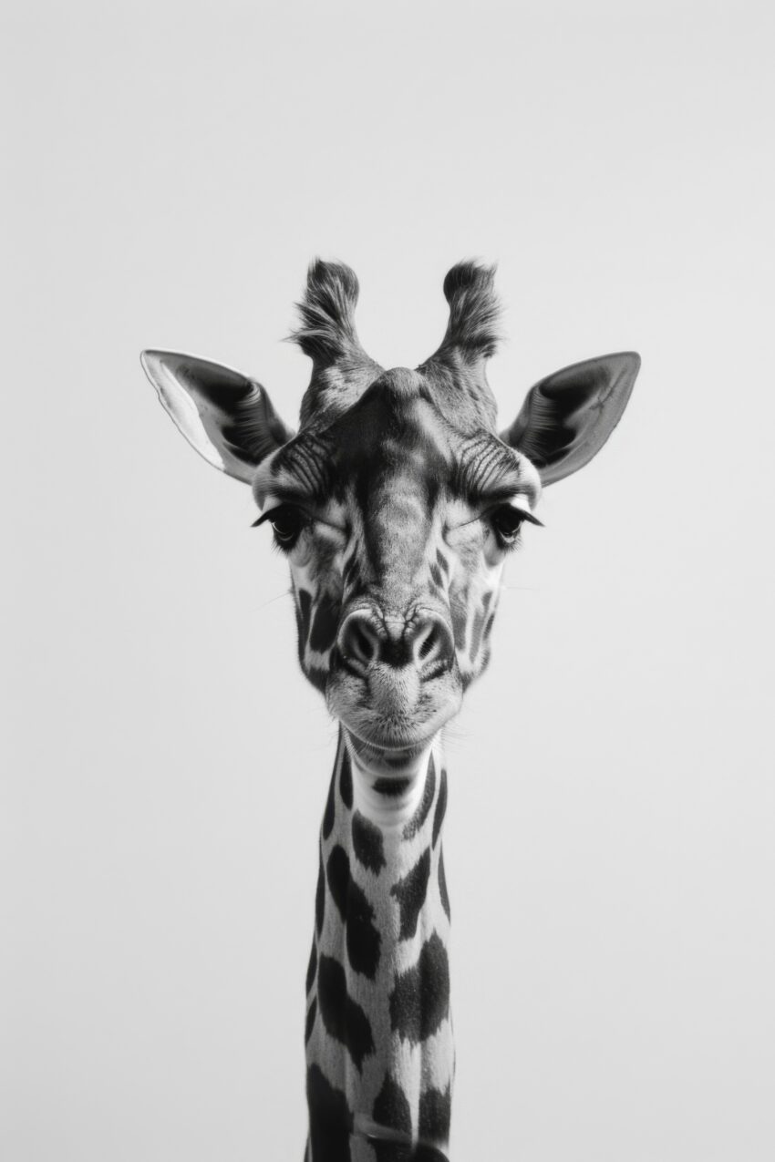 Fotografie Poster Giraffe zwinkernd schwarz-weiß