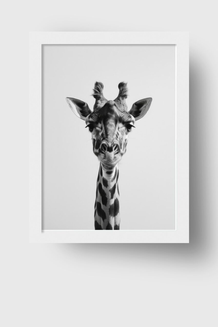 Fotografie Poster Giraffe zwinkernd schwarz-weiß