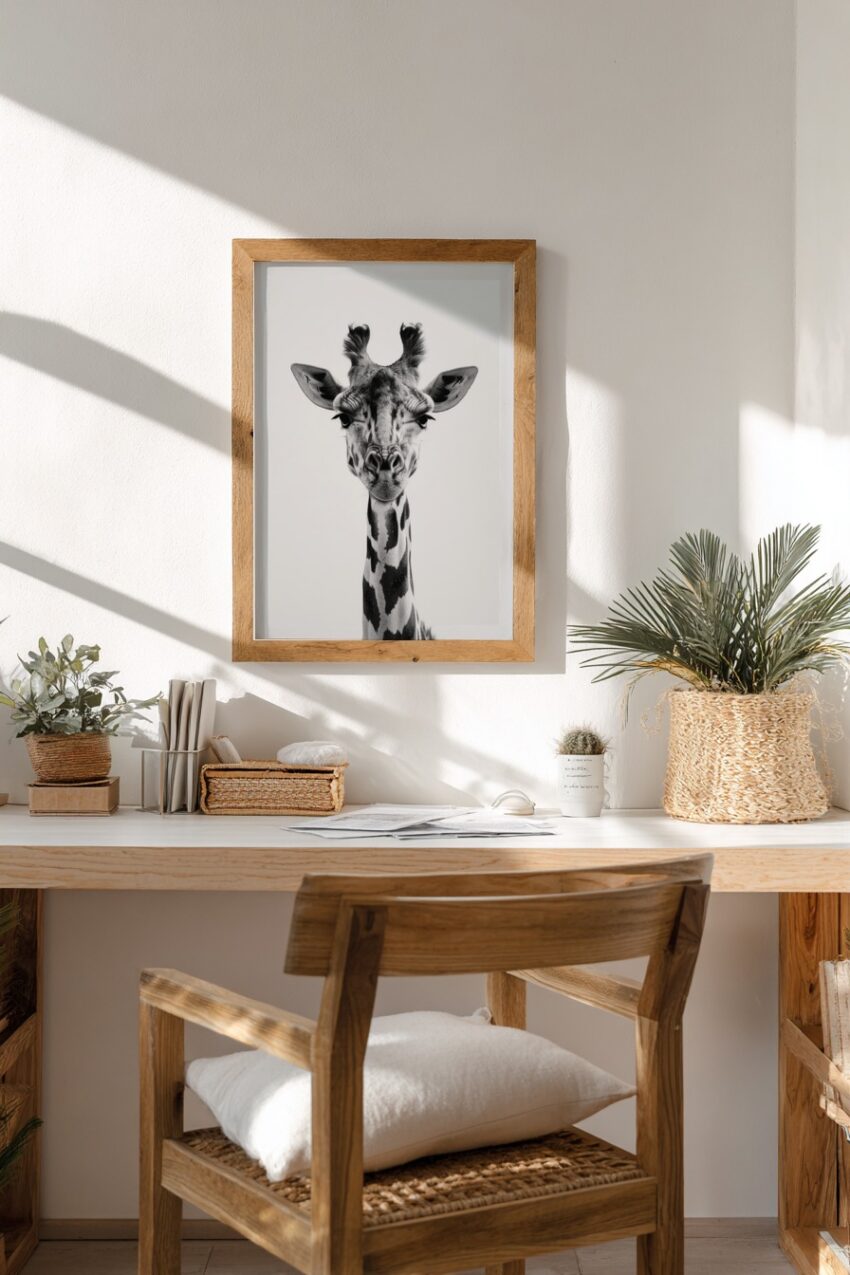 Fotografie Poster Giraffe frontal schwarz-weiß klar