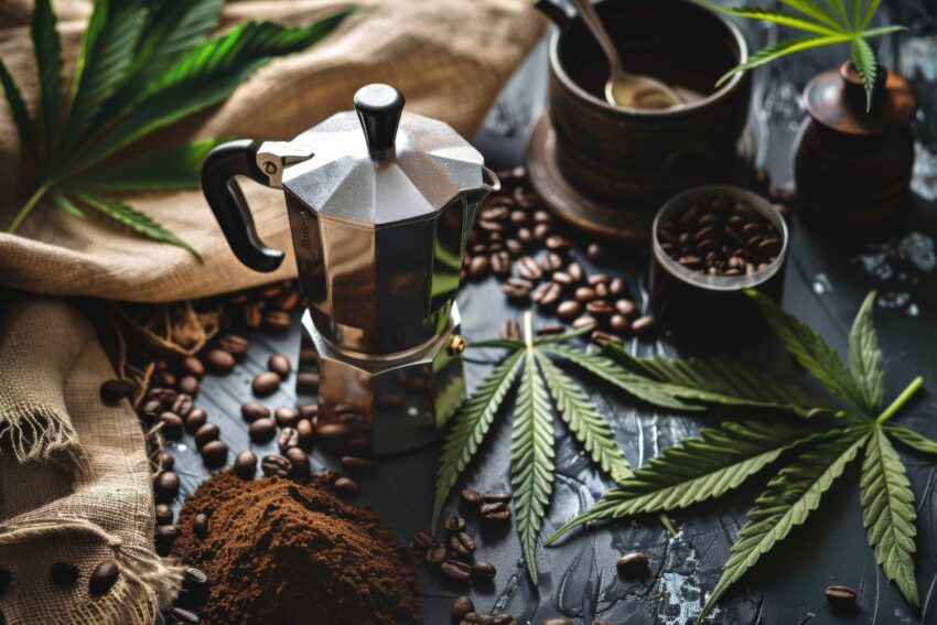 Fotografie Poster Mokkakanne Kaffeebohnen grün braun