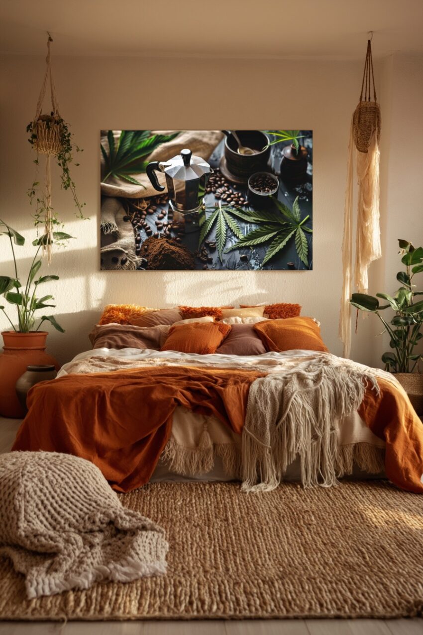 Fotografie Poster Mokkakanne Kaffeebohnen grün braun