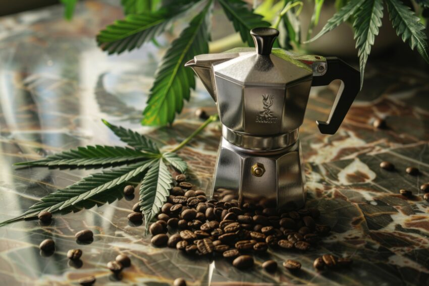 Fotografie Poster Espressokanne Kaffeebohnen Metall grün