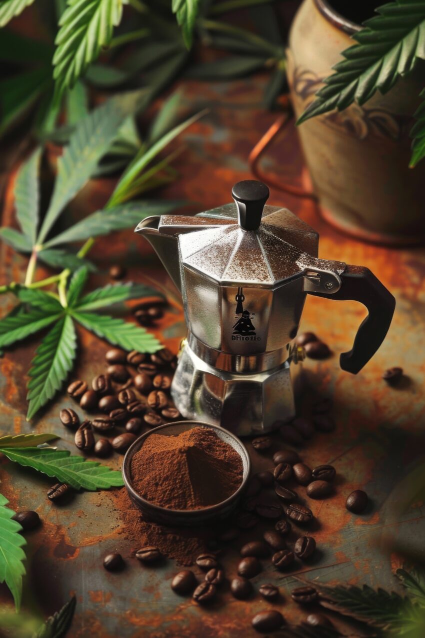 Fotografie Poster Espressokocher Kaffeebohnen rostig grün braun