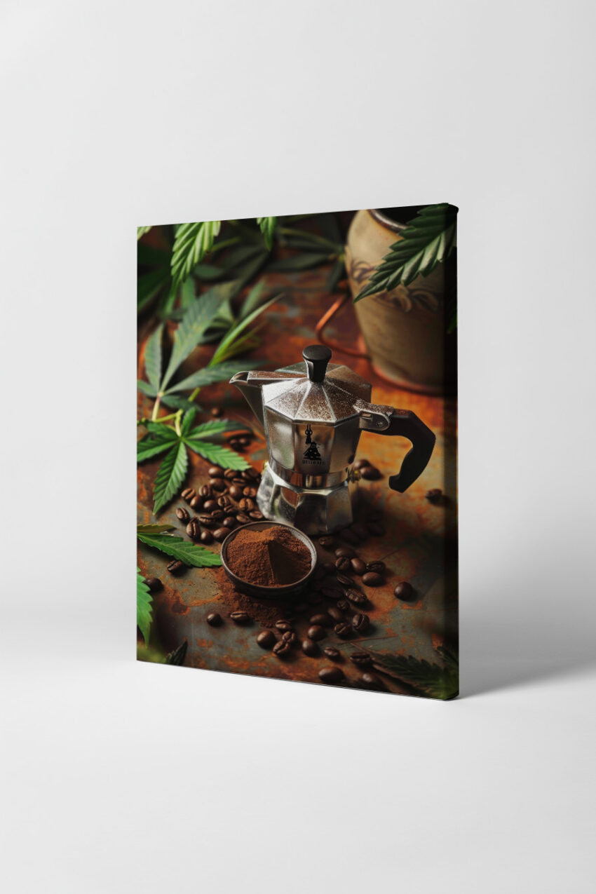 Fotografie Poster Espressokocher Kaffeebohnen rostig grün braun