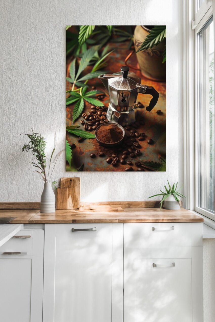 Fotografie Poster Espressokocher Kaffeebohnen rostig grün braun