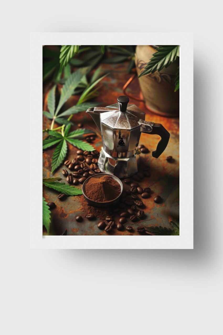 Fotografie Poster Espressokocher Kaffeebohnen rostig grün braun