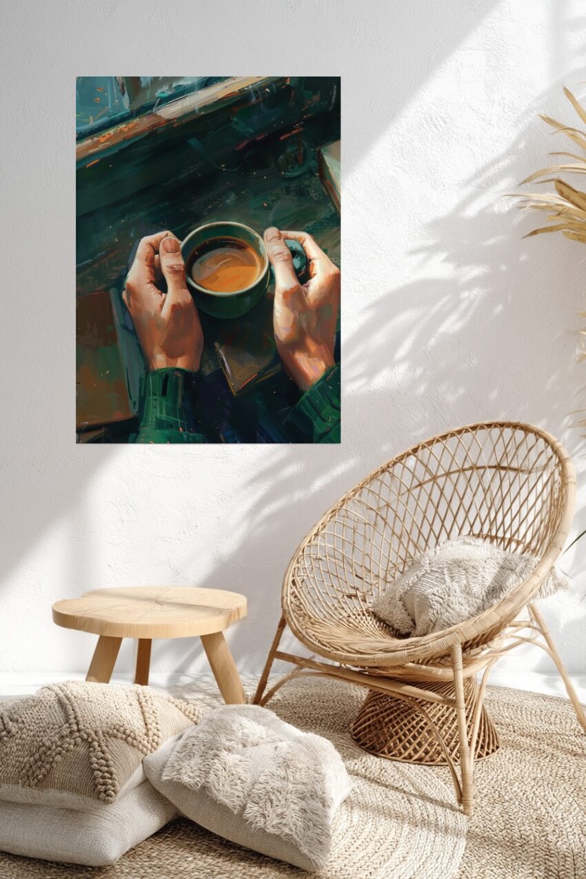 Digitale Kunst Poster Kaffee Hände am Fenster warm intim