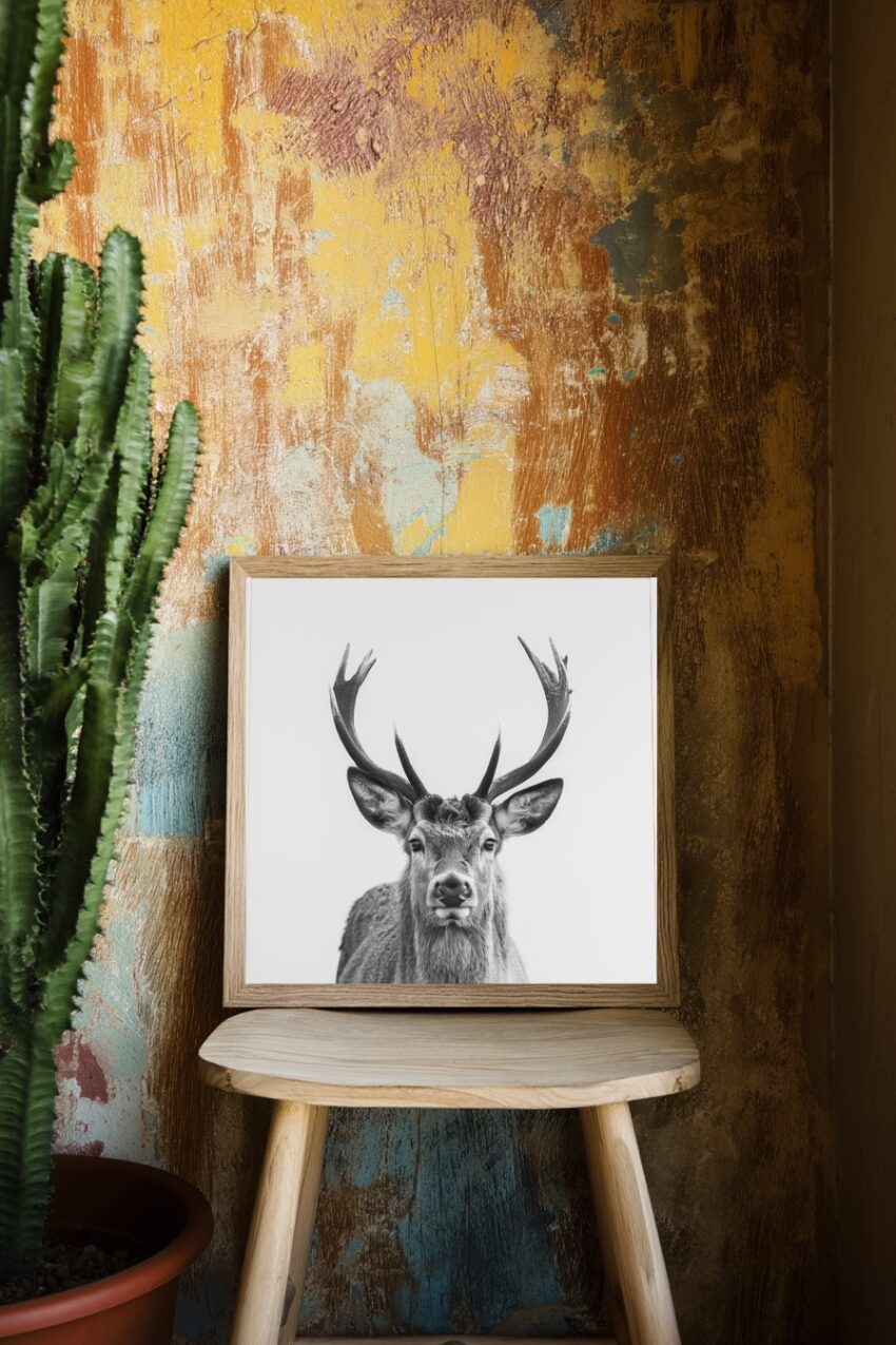 Fotografie Poster Hirsch Kopf frontal monochrom schwarz-weiß