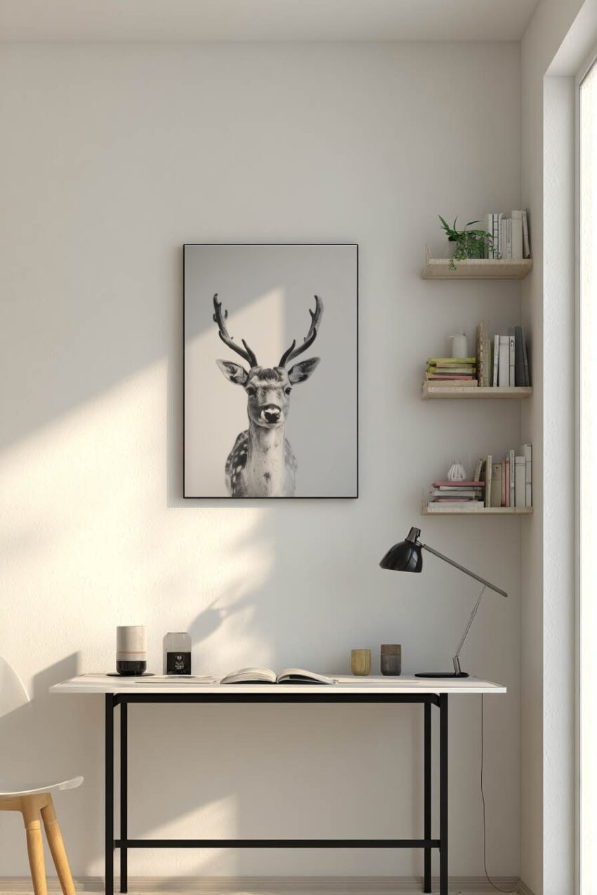 Fotografie Poster Damhirsch Kopf frontal schwarz-weiß