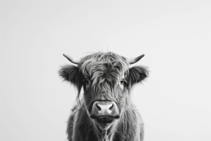 Fotografie Poster Hochlandrind schwarz-weiß frontal intensiver Blick