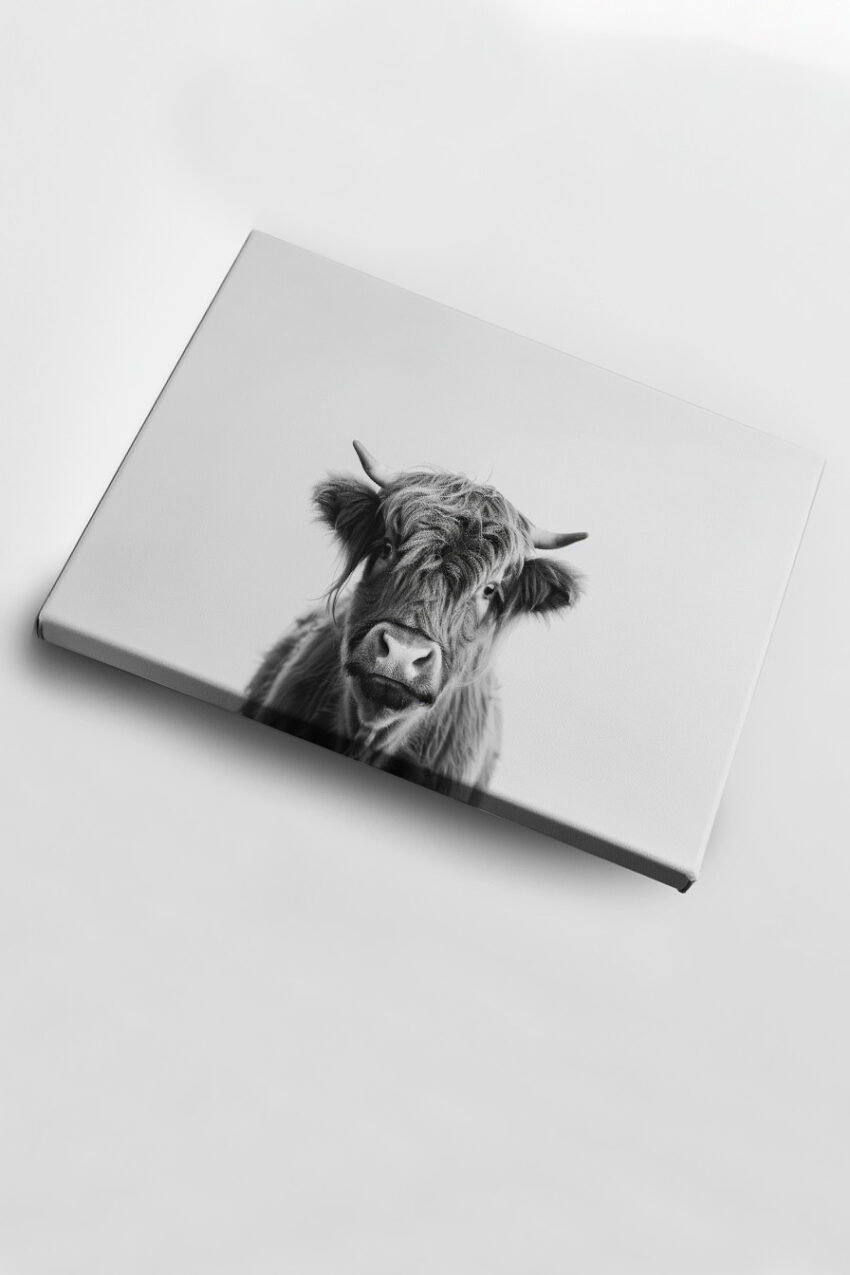 Fotografie Poster Hochlandrind schwarz-weiß frontal intensiver Blick