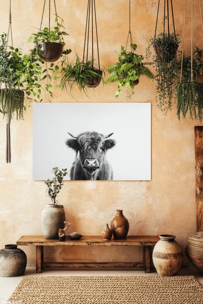 Fotografie Poster Hochlandrind schwarz-weiß frontal intensiver Blick