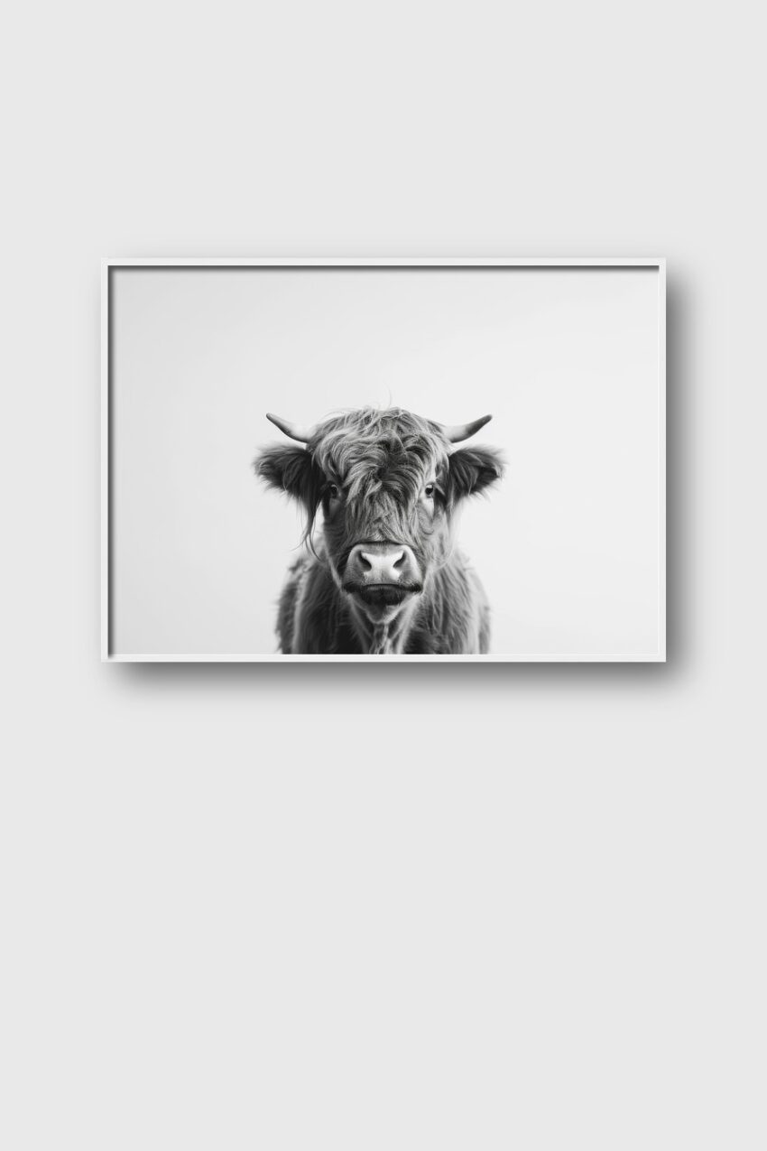 Fotografie Poster Hochlandrind schwarz-weiß frontal intensiver Blick