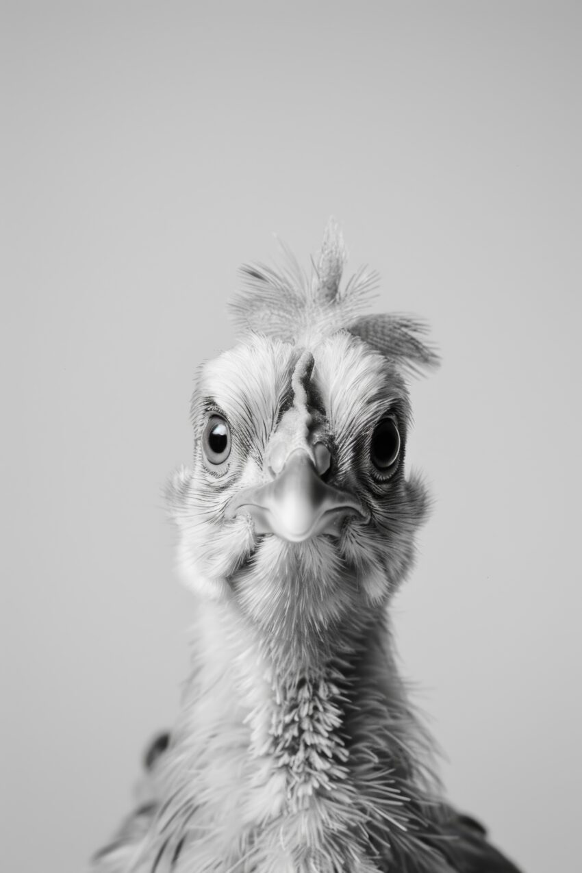 Fotografie Poster Huhn frontal Nahaufnahme schwarz-weiß