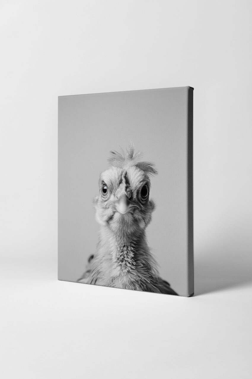 Fotografie Poster Huhn frontal Nahaufnahme schwarz-weiß