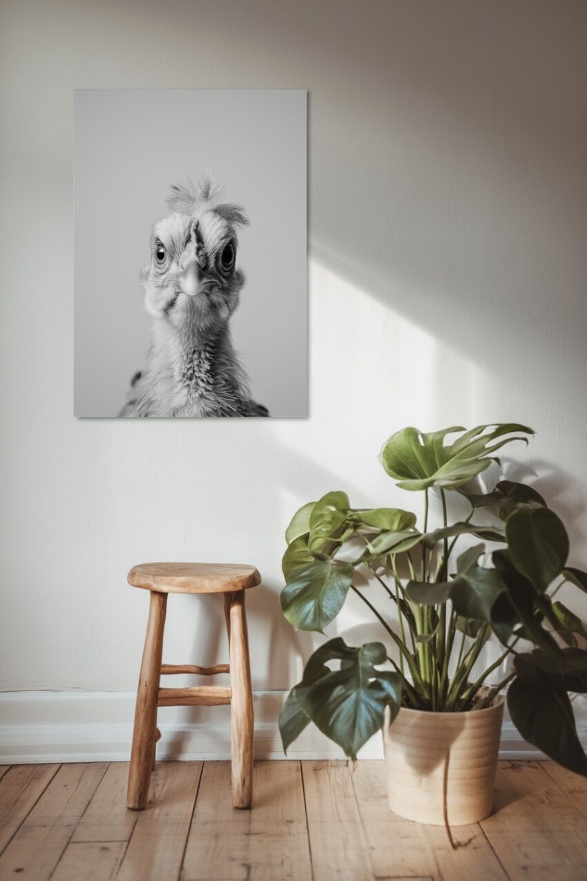 Fotografie Poster Huhn frontal Nahaufnahme schwarz-weiß