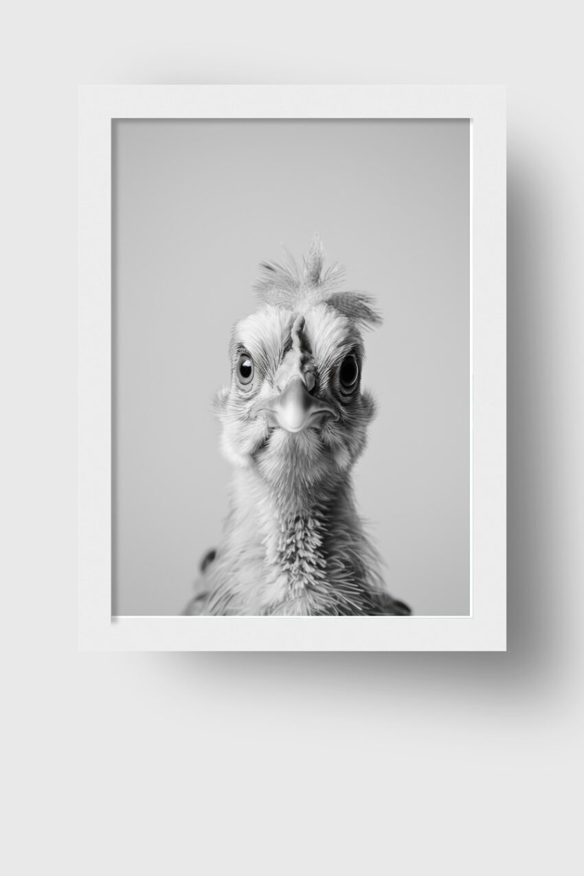 Fotografie Poster Huhn frontal Nahaufnahme schwarz-weiß