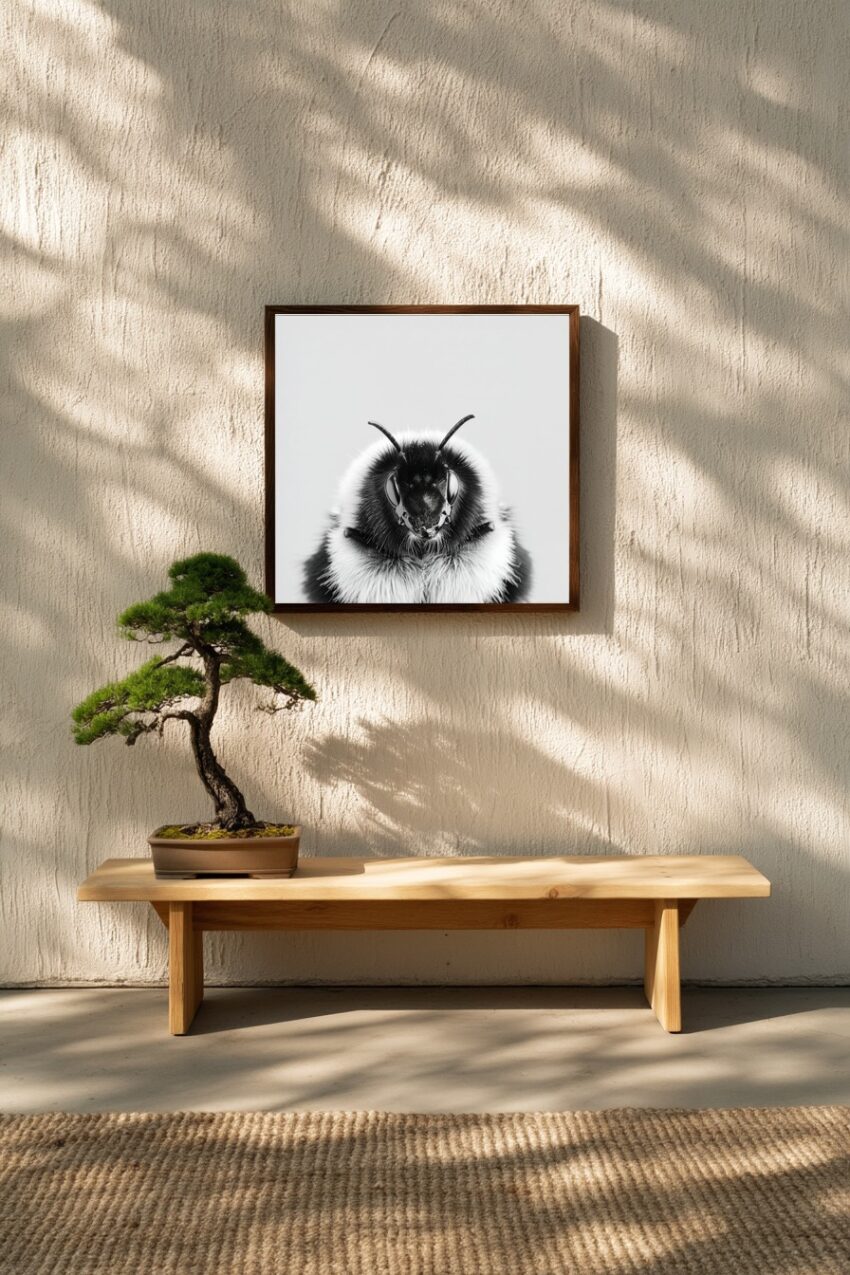 Fotografie Poster Hummel schwarz-weiß Nahaufnahme Kopf frontal