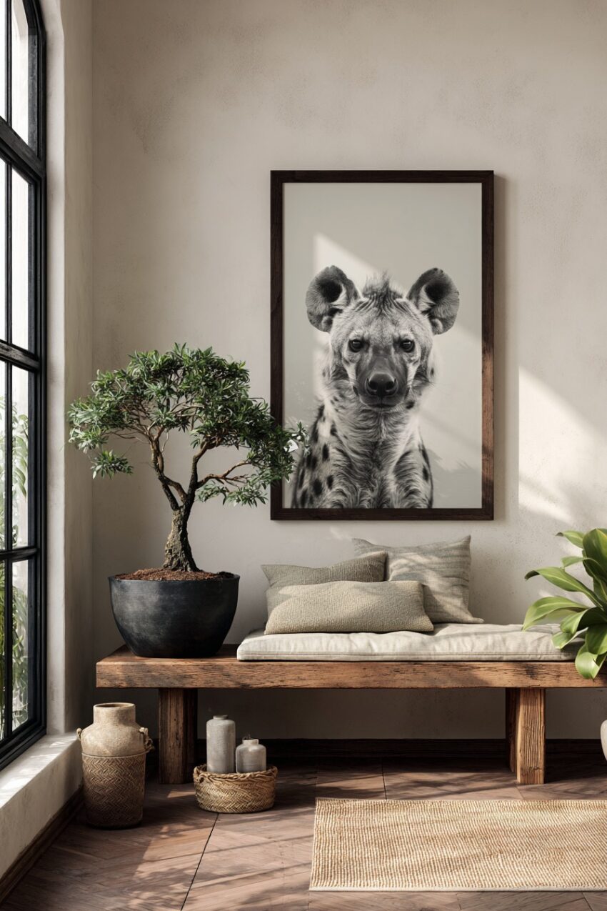 Fotografie Poster Hyäne frontal schwarz-weiß detailreich