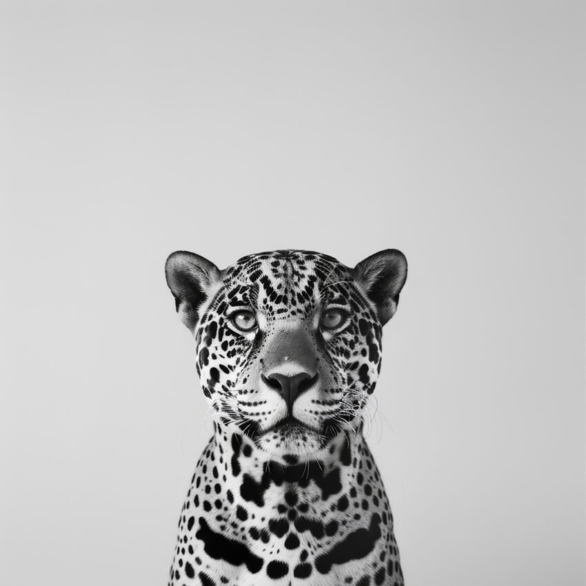 Fotografie Poster Leopard Gesicht frontal schwarz-weiß minimalistisch