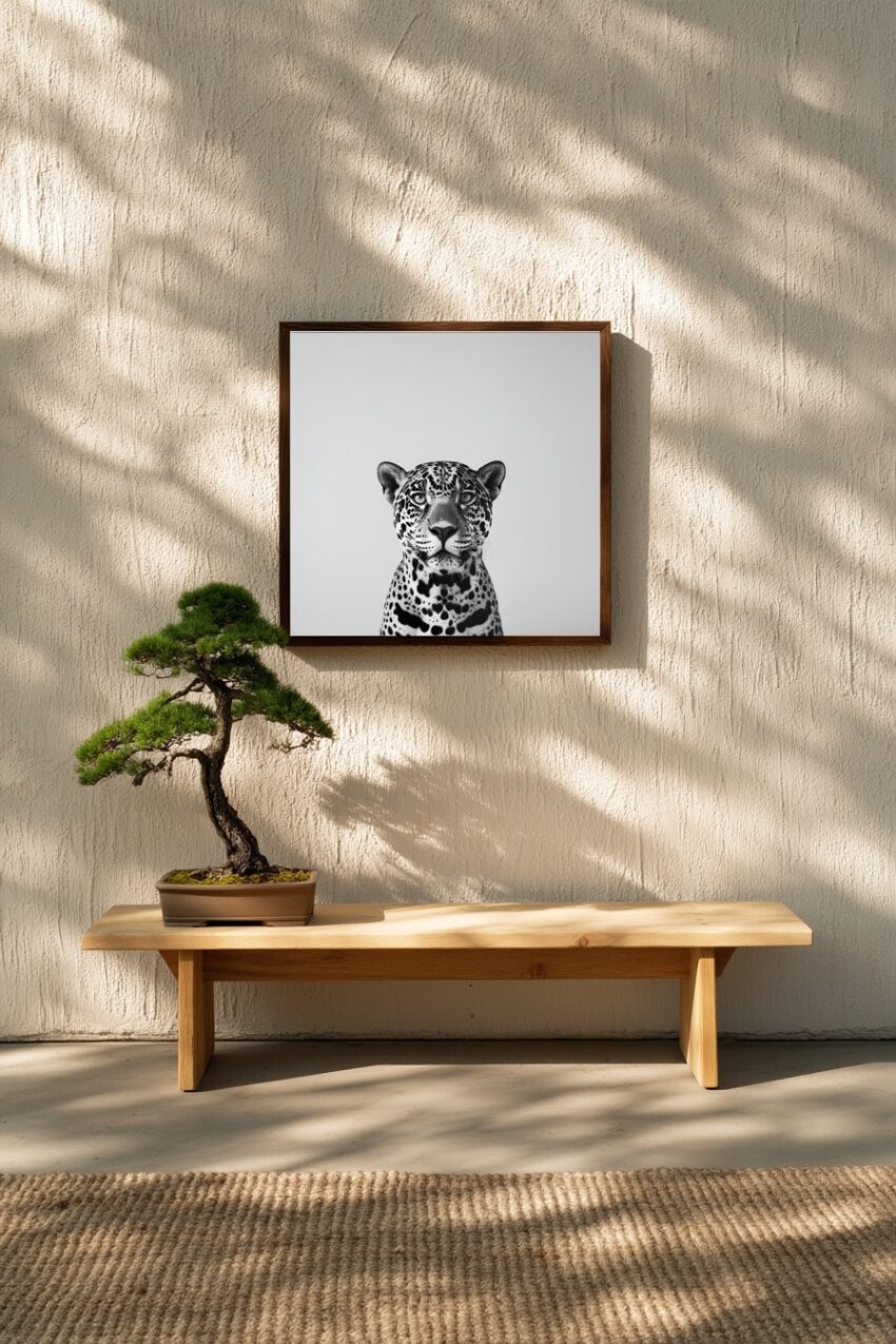 Fotografie Poster Leopard Gesicht frontal schwarz-weiß minimalistisch