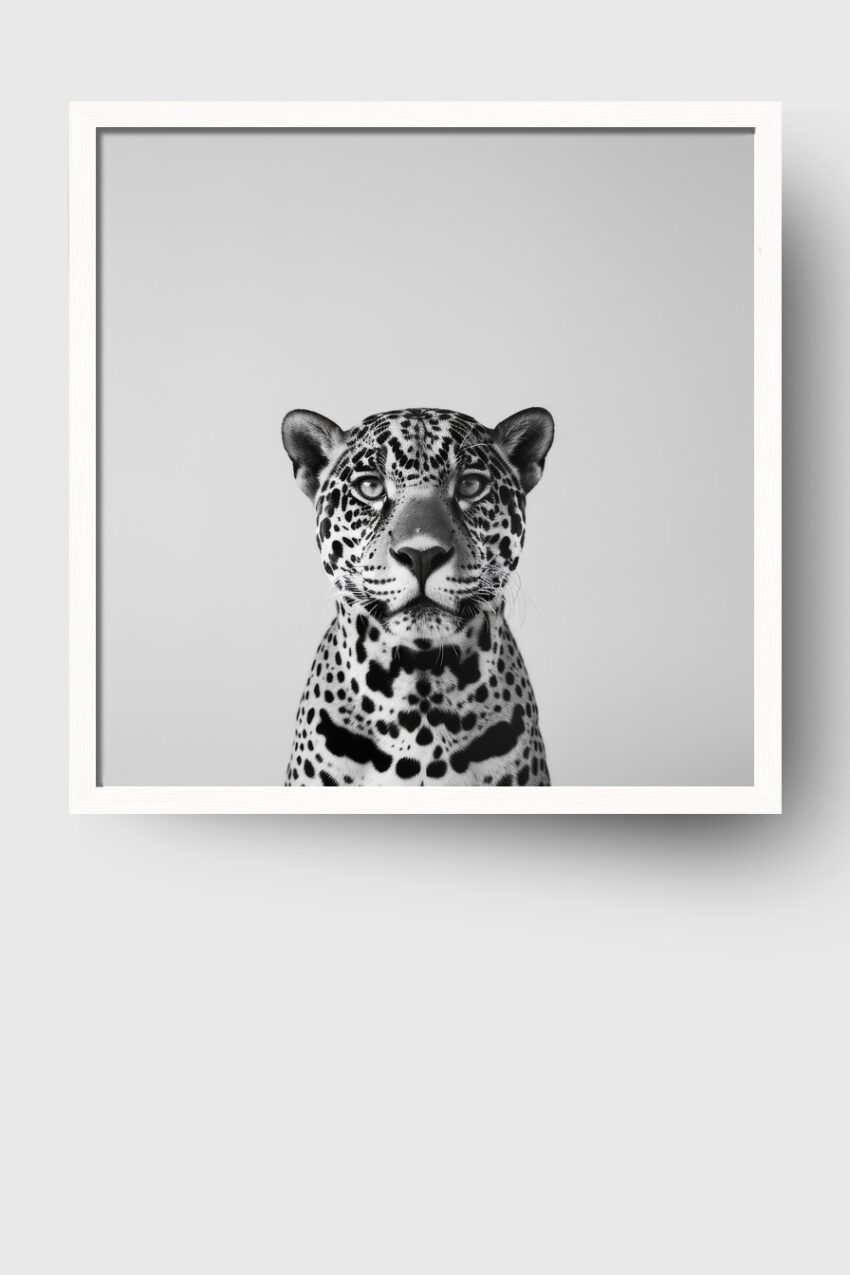 Fotografie Poster Leopard Gesicht frontal schwarz-weiß minimalistisch