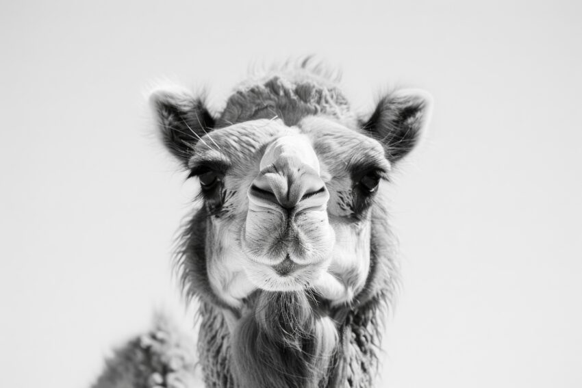 Fotografie Poster Kamel Kopf schwarz-weiß Nahaufnahme