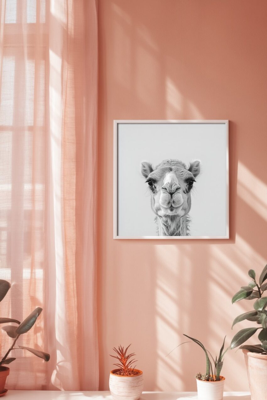 Fotografie Poster Kamel schwarz-weiß frontal Nahaufnahme