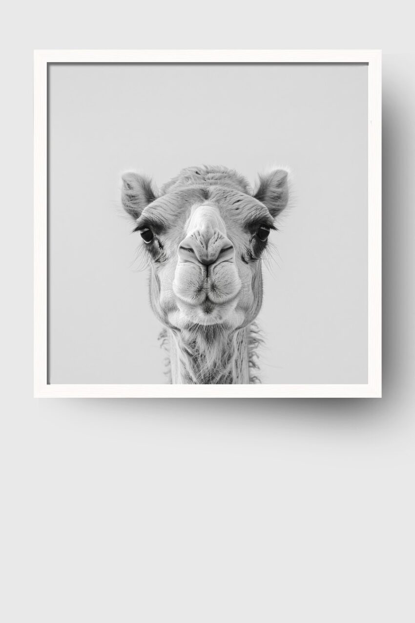 Fotografie Poster Kamel schwarz-weiß frontal Nahaufnahme