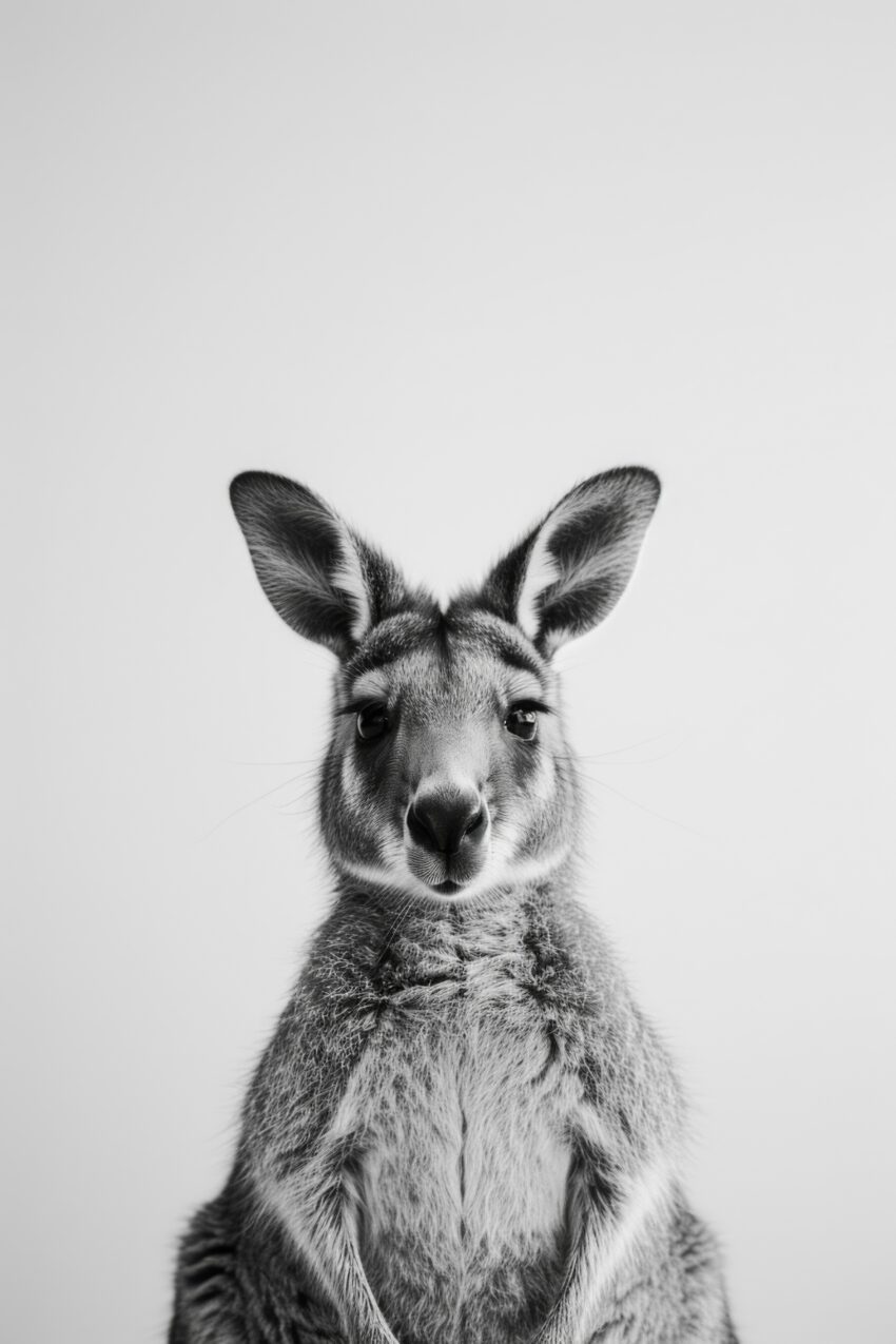 Fotografie Poster Känguru frontal schwarz-weiß ruhig