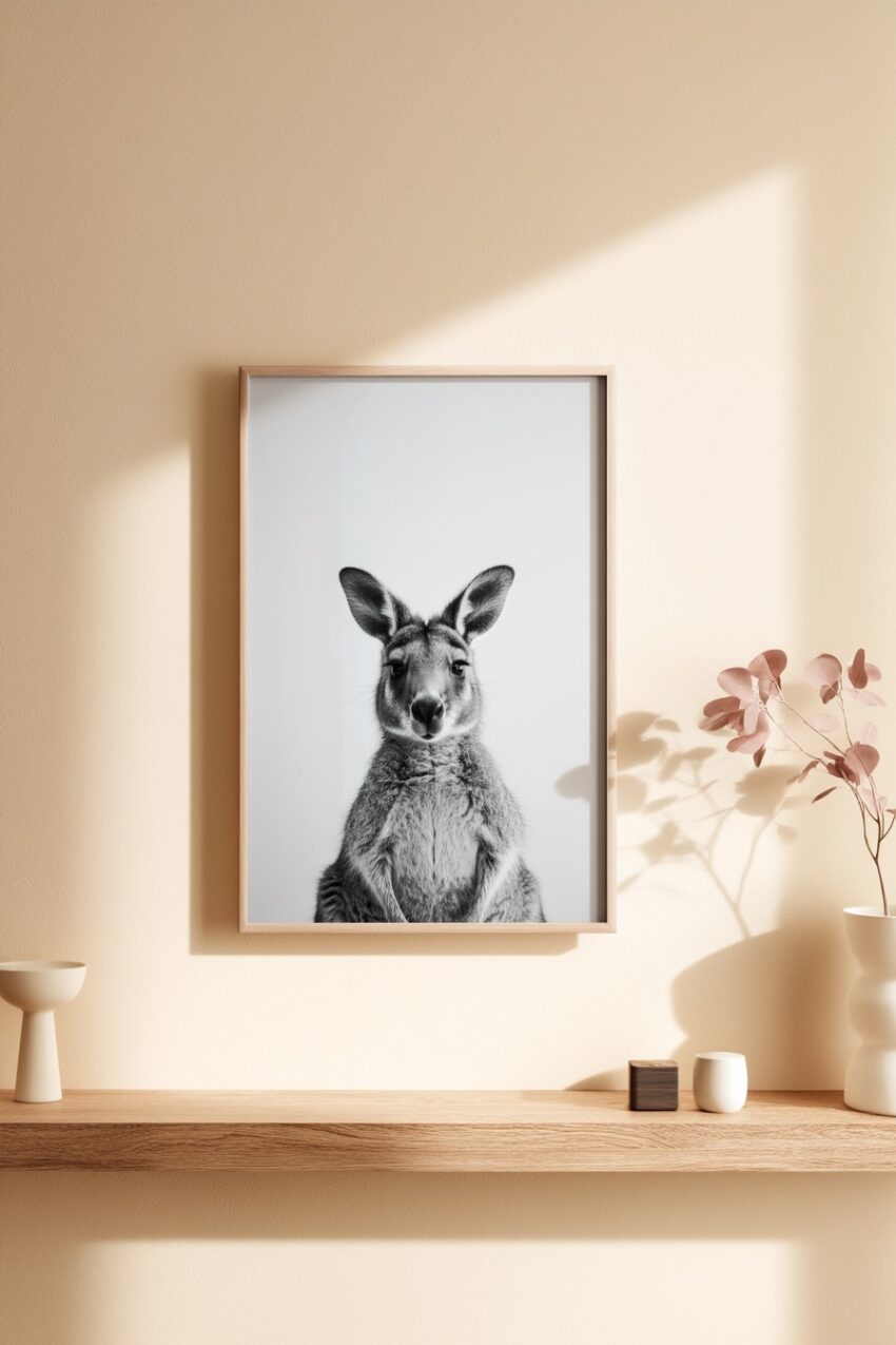 Fotografie Poster Känguru frontal schwarz-weiß ruhig