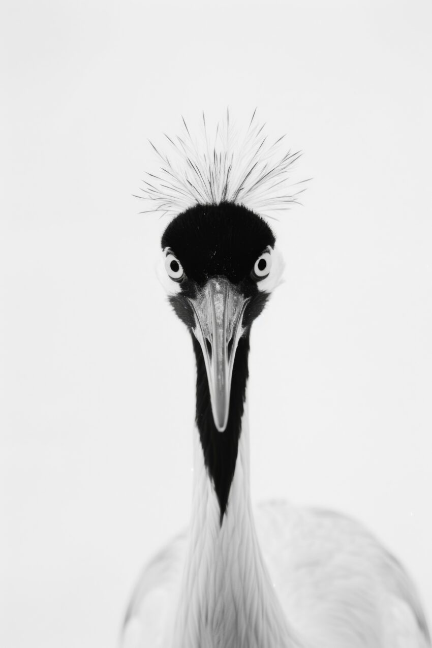 Fotografie Poster Kranich Kopf frontal schwarz-weiß minimalistisch