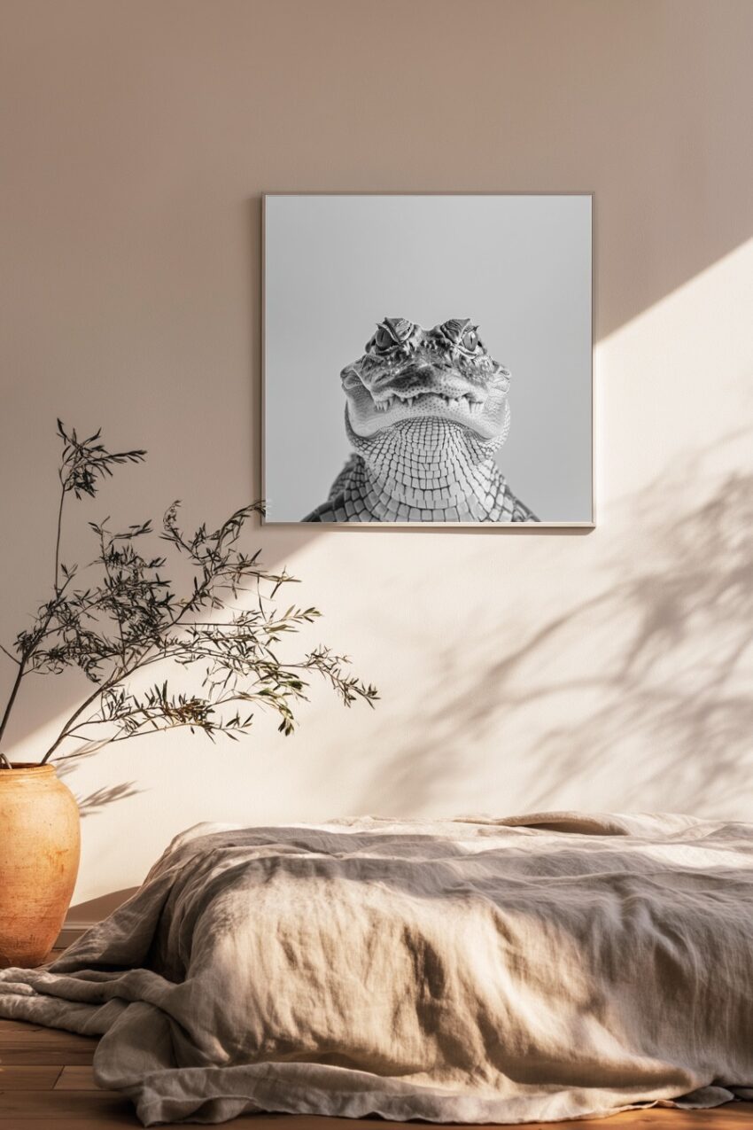 Fotografie Poster Krokodil Kopf schwarz-weiß intensiv