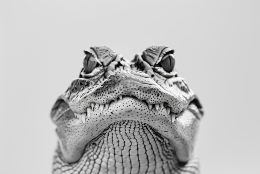 Fotografie Poster Krokodil Zähne frontal schwarz-weiß