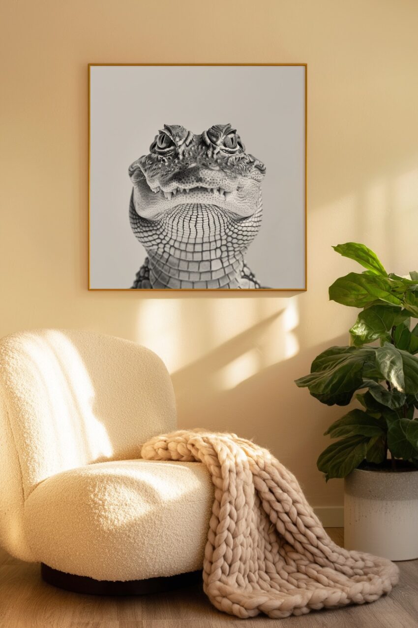 Fotografie Poster Krokodil frontal Graustufen Nahaufnahme