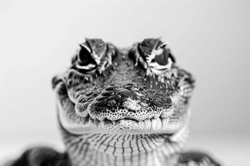 Fotografie Poster krokodil schwarz-weiß nahaufnahme frontal