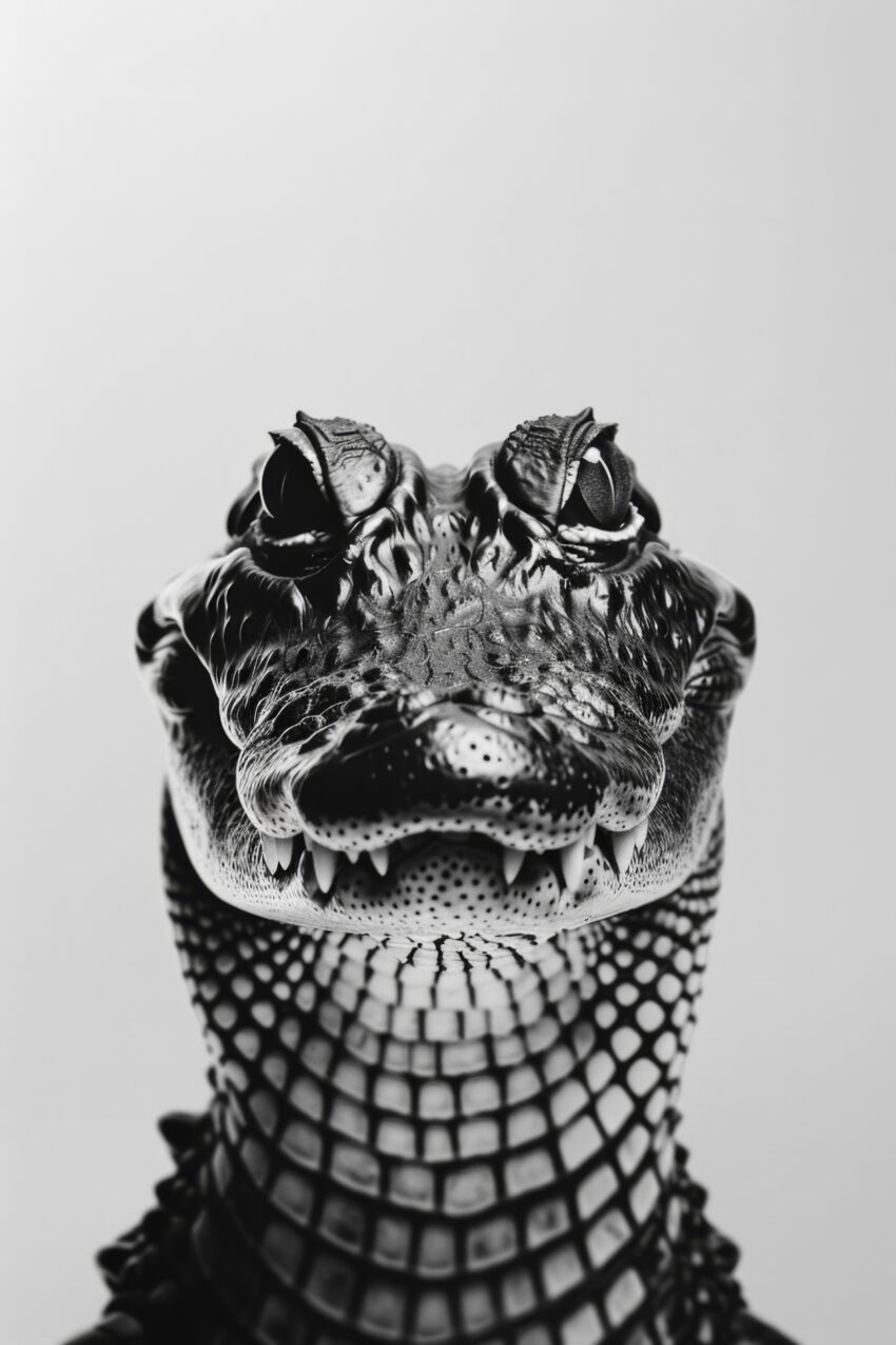 Fotografie Poster Krokodil schwarz-weiß frontal intensiv