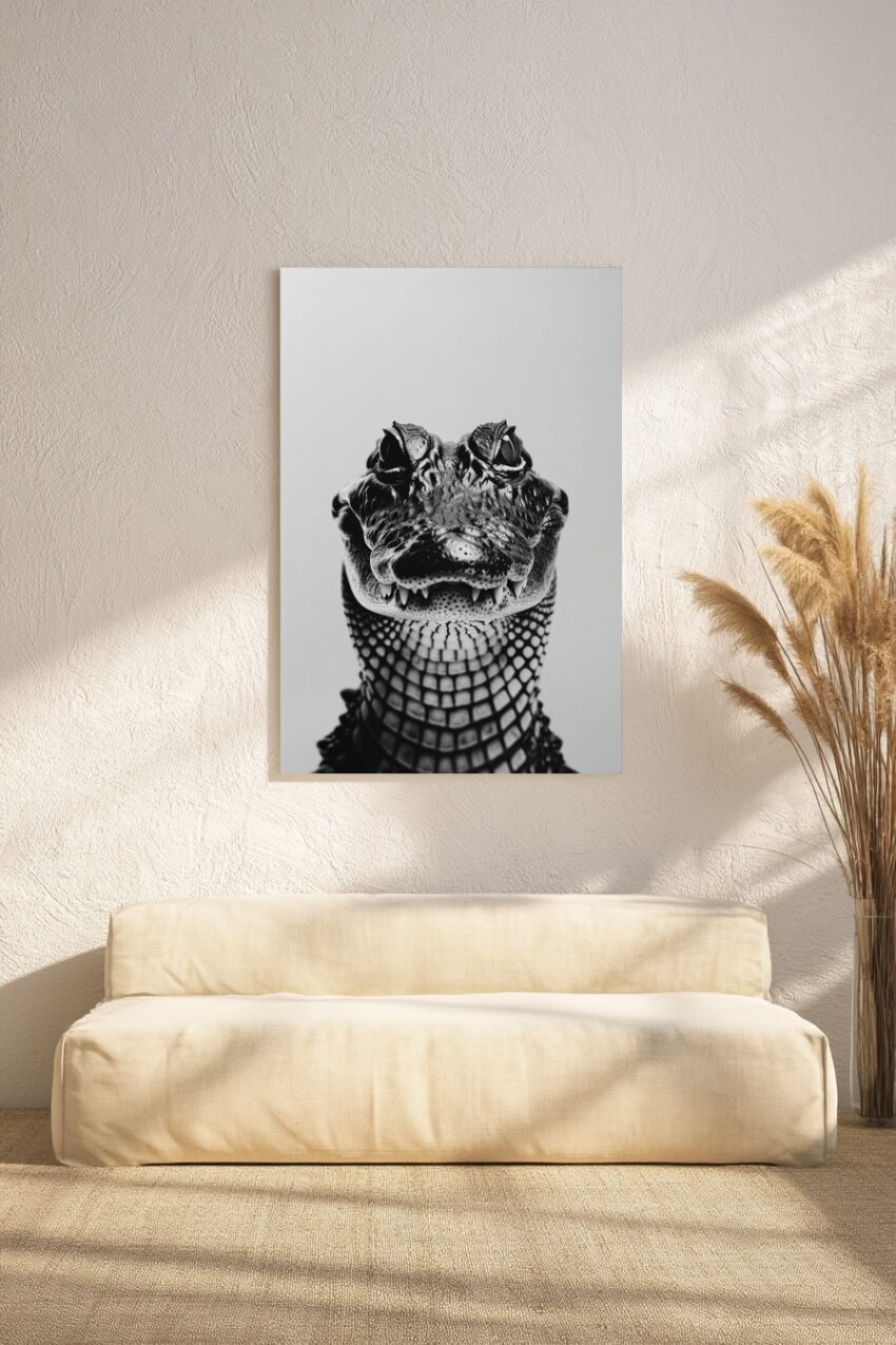 Fotografie Poster Krokodil schwarz-weiß frontal intensiv