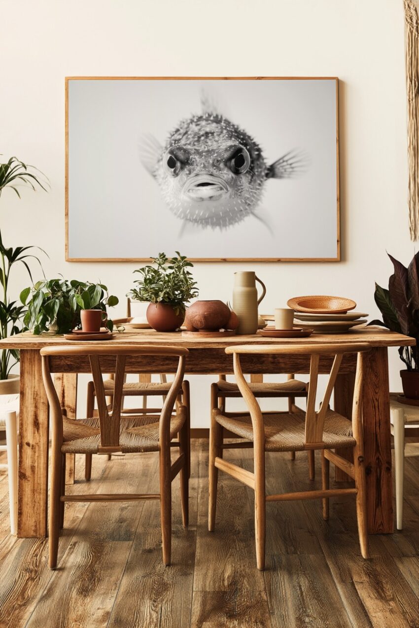 Fotografie Poster Kugelfisch schwarz-weiß Nahaufnahme