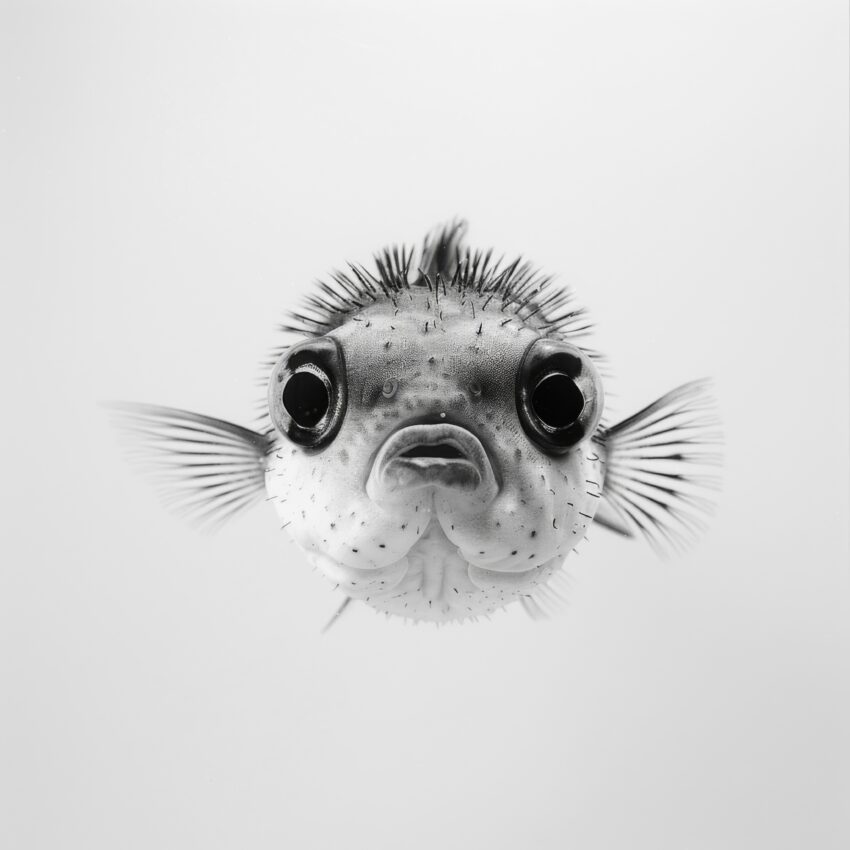 Fotografie Poster Kugelfisch Stacheln schwarz-weiß Nahaufnahme