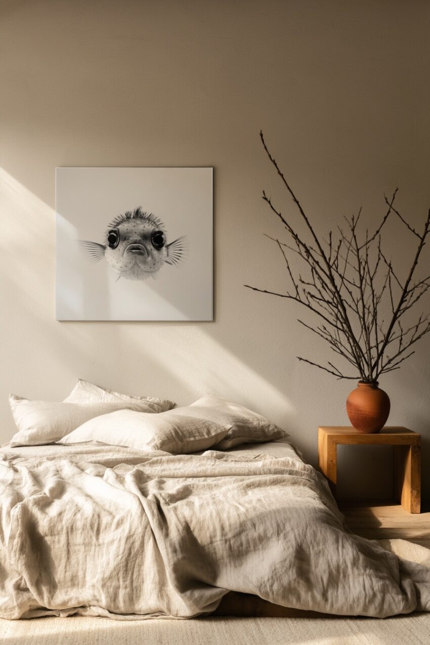 Fotografie Poster Kugelfisch Stacheln schwarz-weiß Nahaufnahme