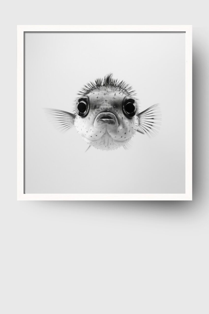 Fotografie Poster Kugelfisch Stacheln schwarz-weiß Nahaufnahme