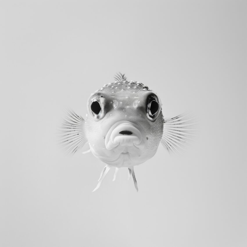 Fotografie Poster Kugelfisch schwarz-weiß nahaufnahme