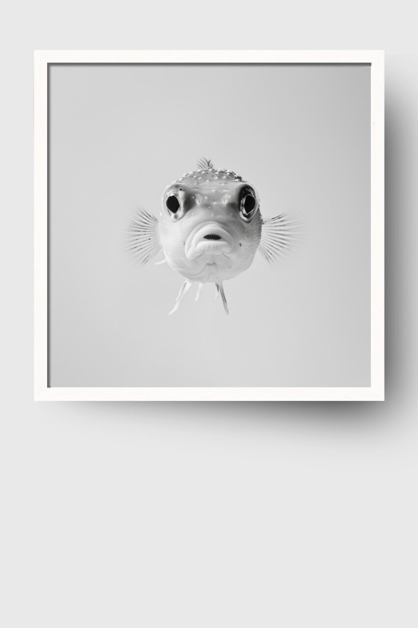 Fotografie Poster Kugelfisch schwarz-weiß nahaufnahme