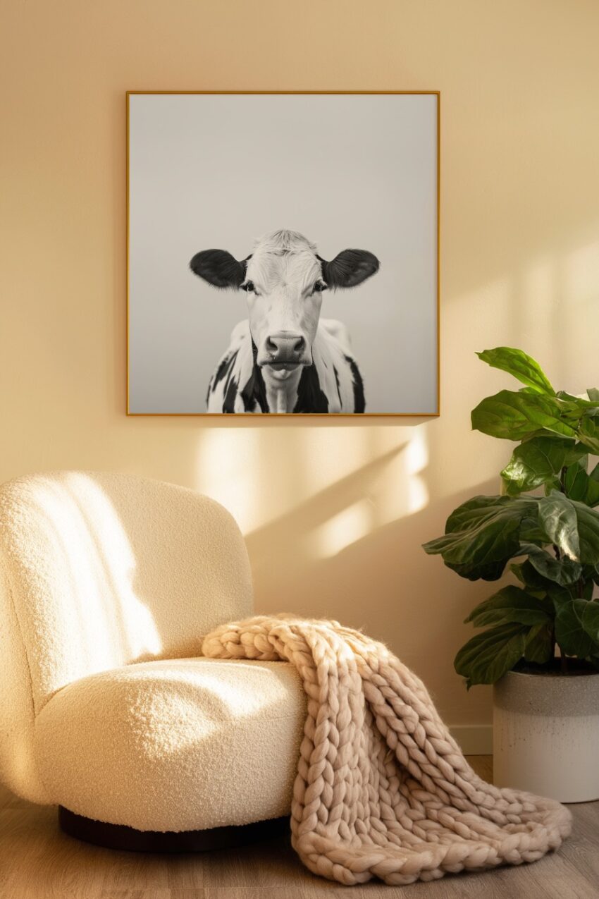 Fotografie Poster kuh schwarz-weiß schleckend zunge sichtbar