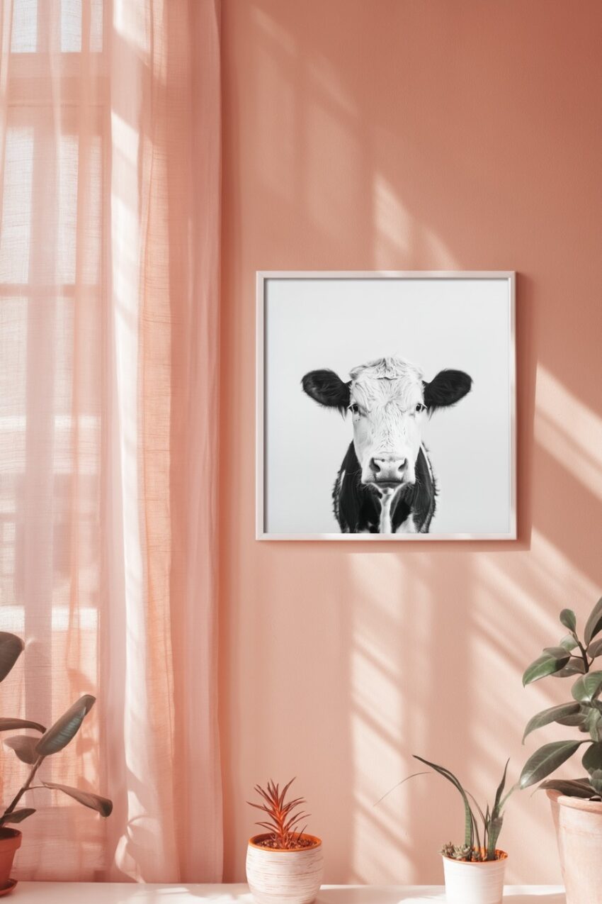 Fotografie Poster Kuh schwarz-weiß frontal Nahaufnahme