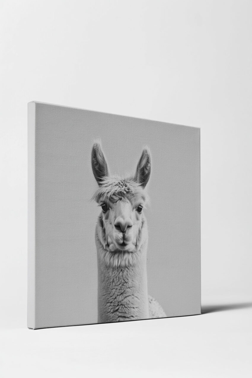 Fotografie Poster Lama Kopf frontal schwarz-weiß minimalistisch