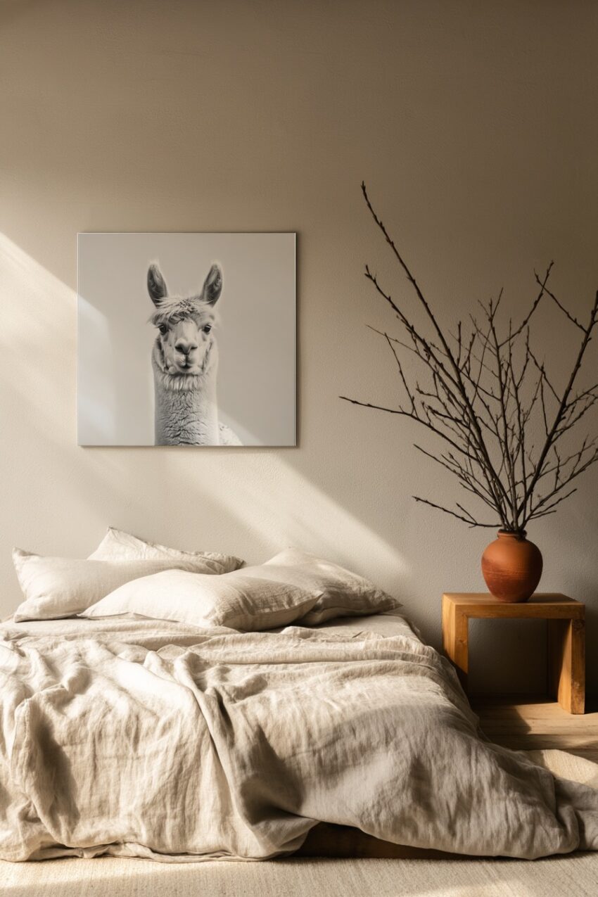 Fotografie Poster Lama Kopf frontal schwarz-weiß minimalistisch