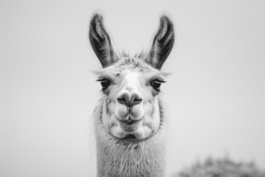 Fotografie Poster Lama Nahaufnahme schwarz-weiß kontrastreich